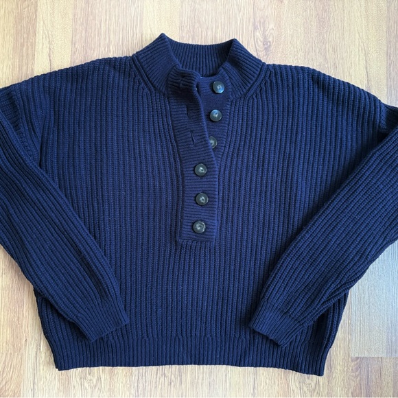Sézane Lucas Navy Rib-Knit Button-Up Crew Sweater Medium - Picture 11 of 12